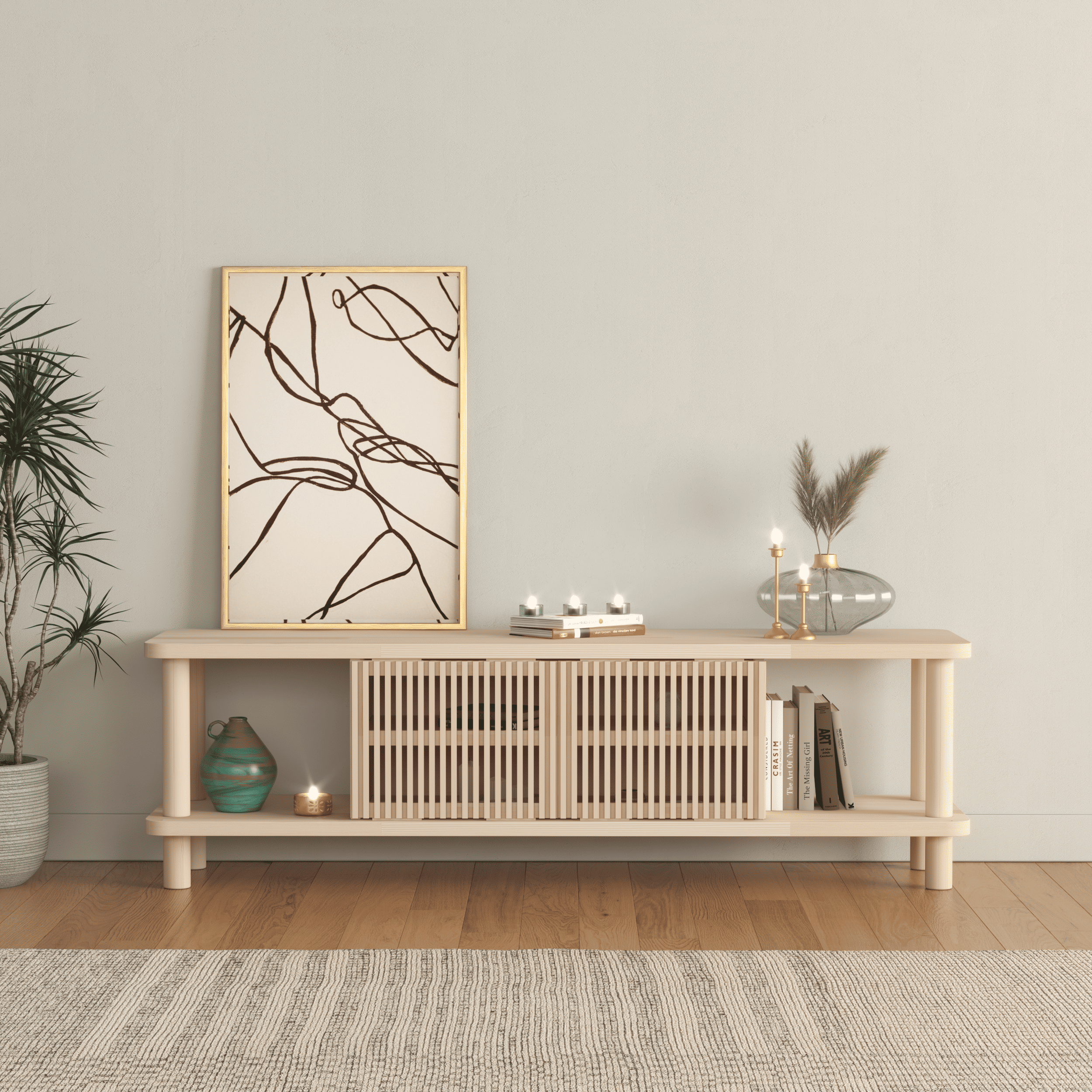 Modern TV Console with Fluted Sliding Door - Multi-Level Entertainment Center