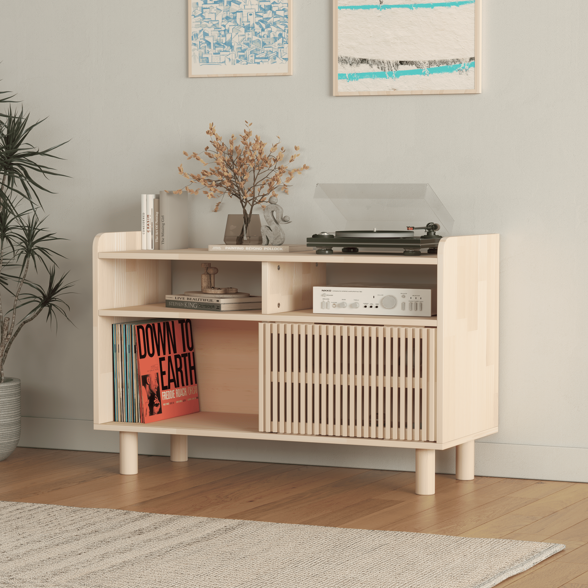 Compact Wooden Media Console with Vinyl Record Storage - Mid-Century Modern TV Stand