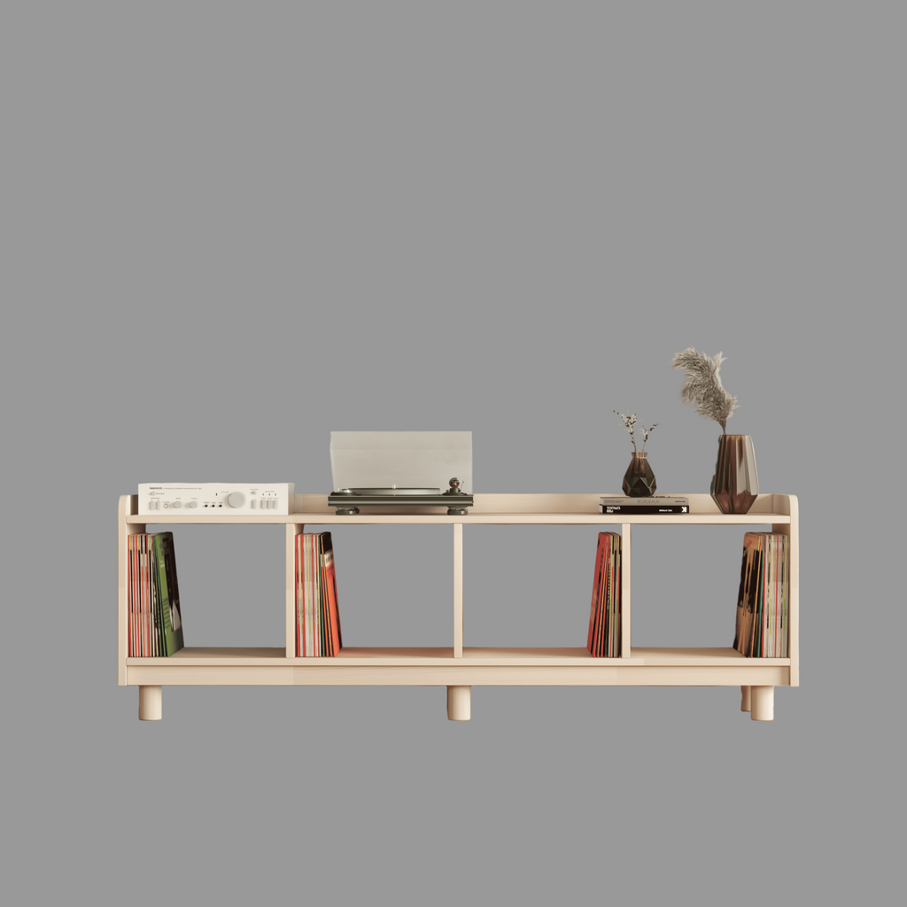 Horizontal Vinyl Record Storage Bench - 4 Compartment LP Console with Turntable Platform