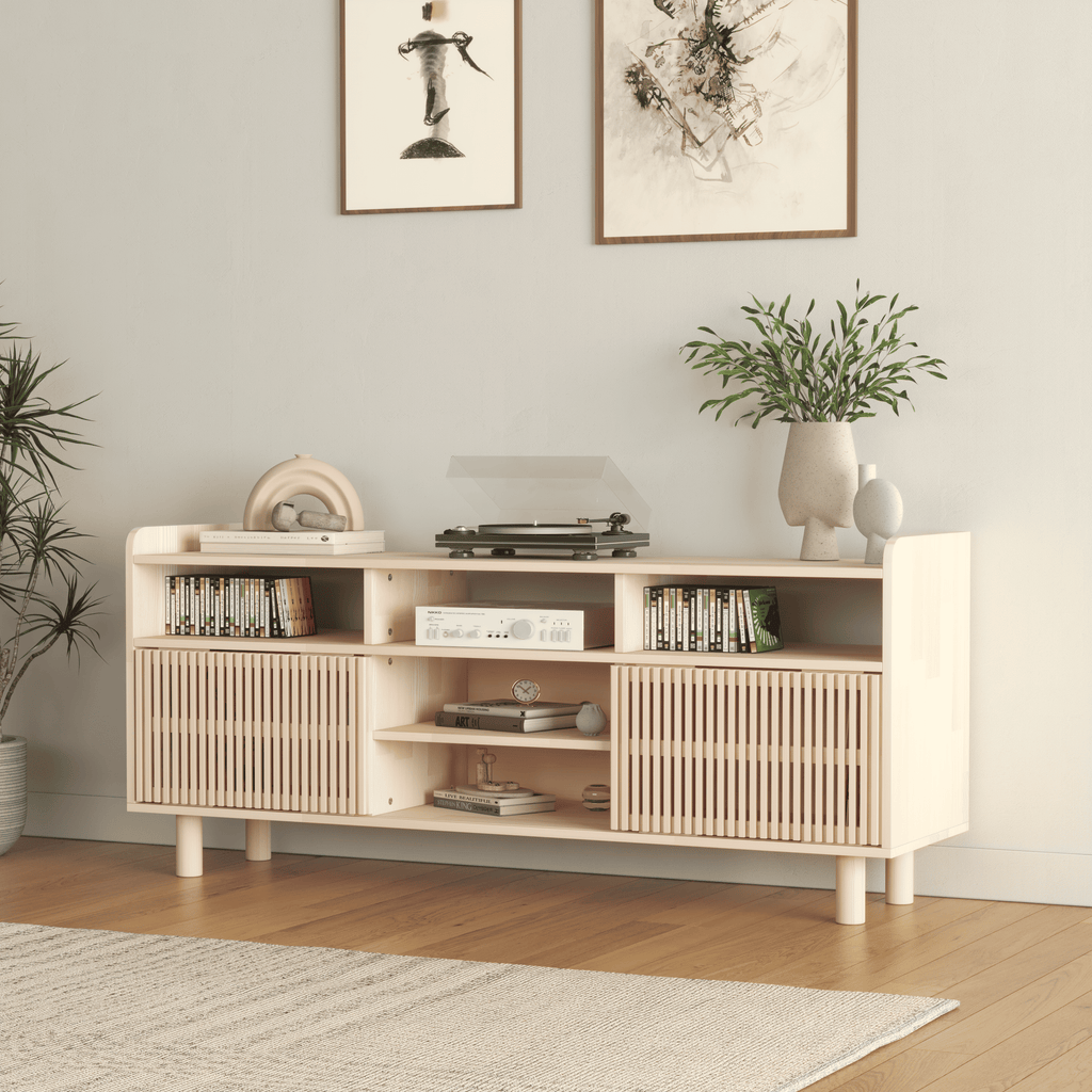 Large Wooden Entertainment Center with Fluted Doors - Premium Media Storage Cabinet