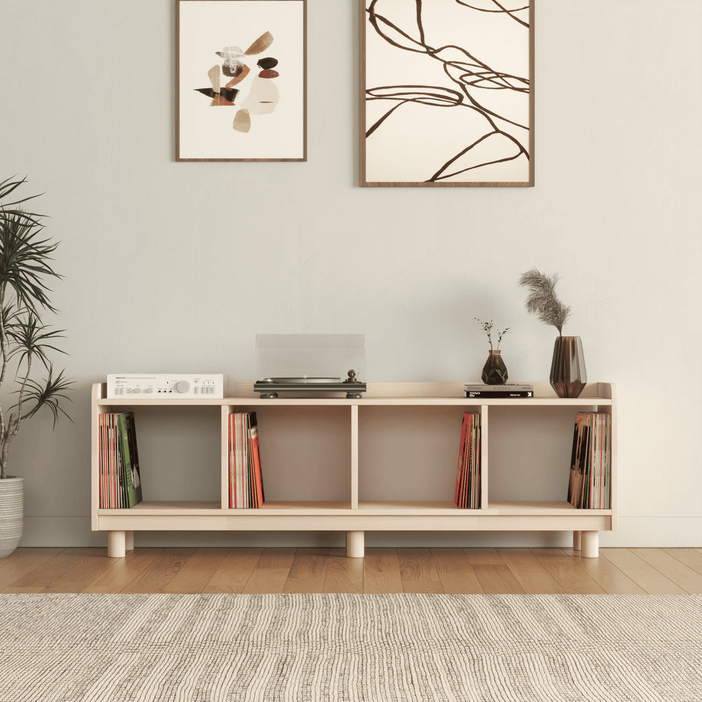 Horizontal Vinyl Record Storage Bench - 4 Compartment LP Console with Turntable Platform
