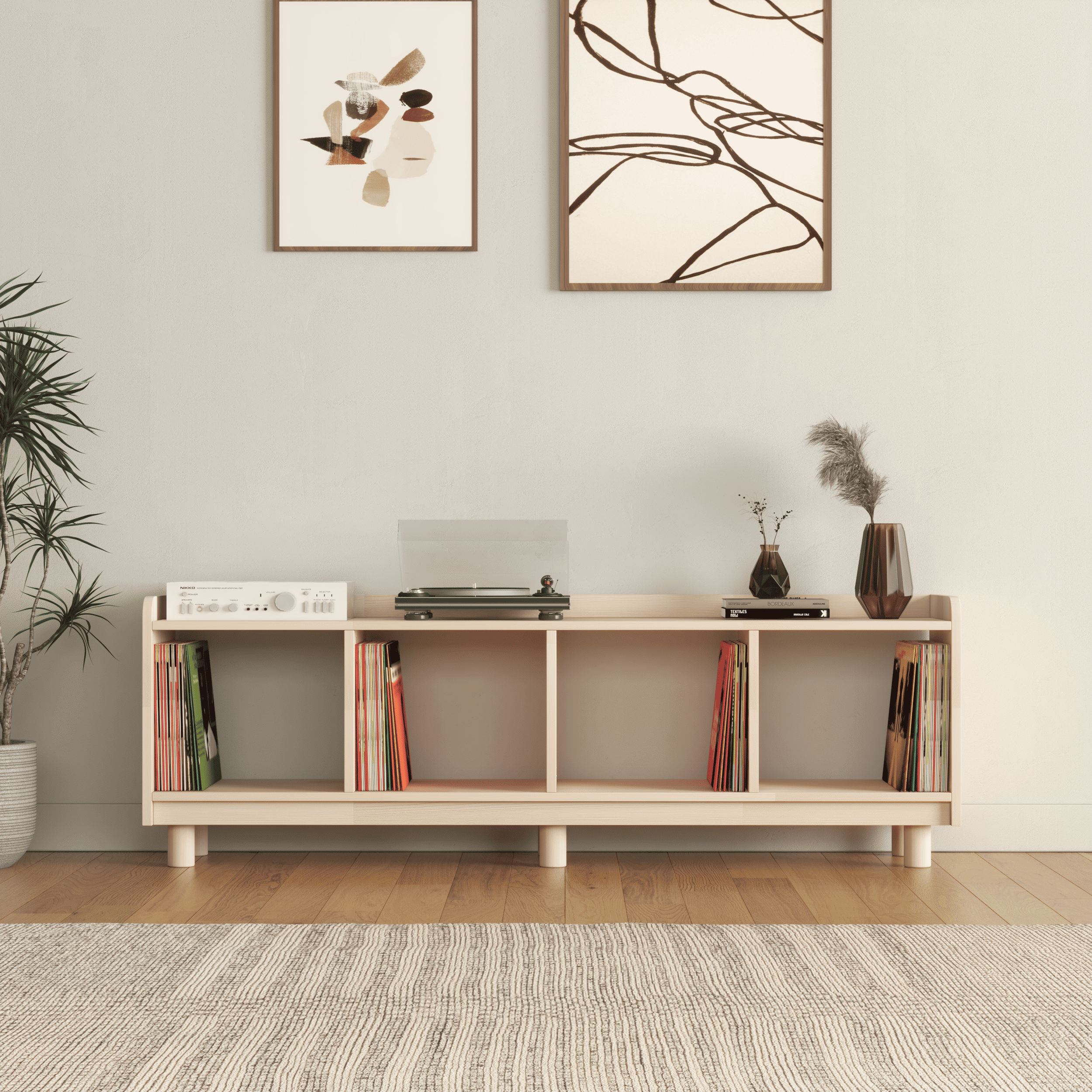 Horizontal Vinyl Record Storage Bench - 4 Compartment LP Console with Turntable Platform