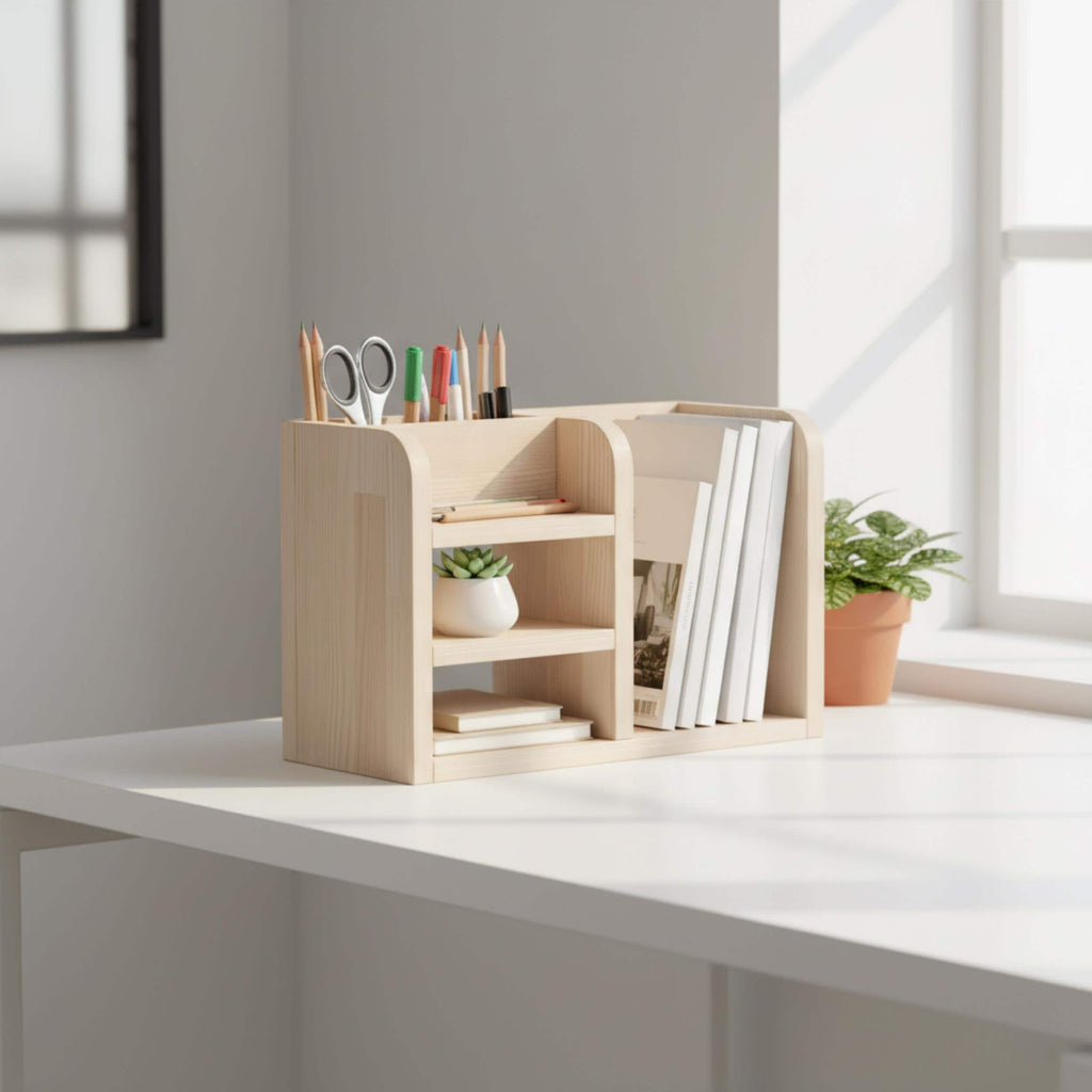 Handmade Pine Desk Shelf | Scandinavian Modern Office Organizer for Books and Stationery