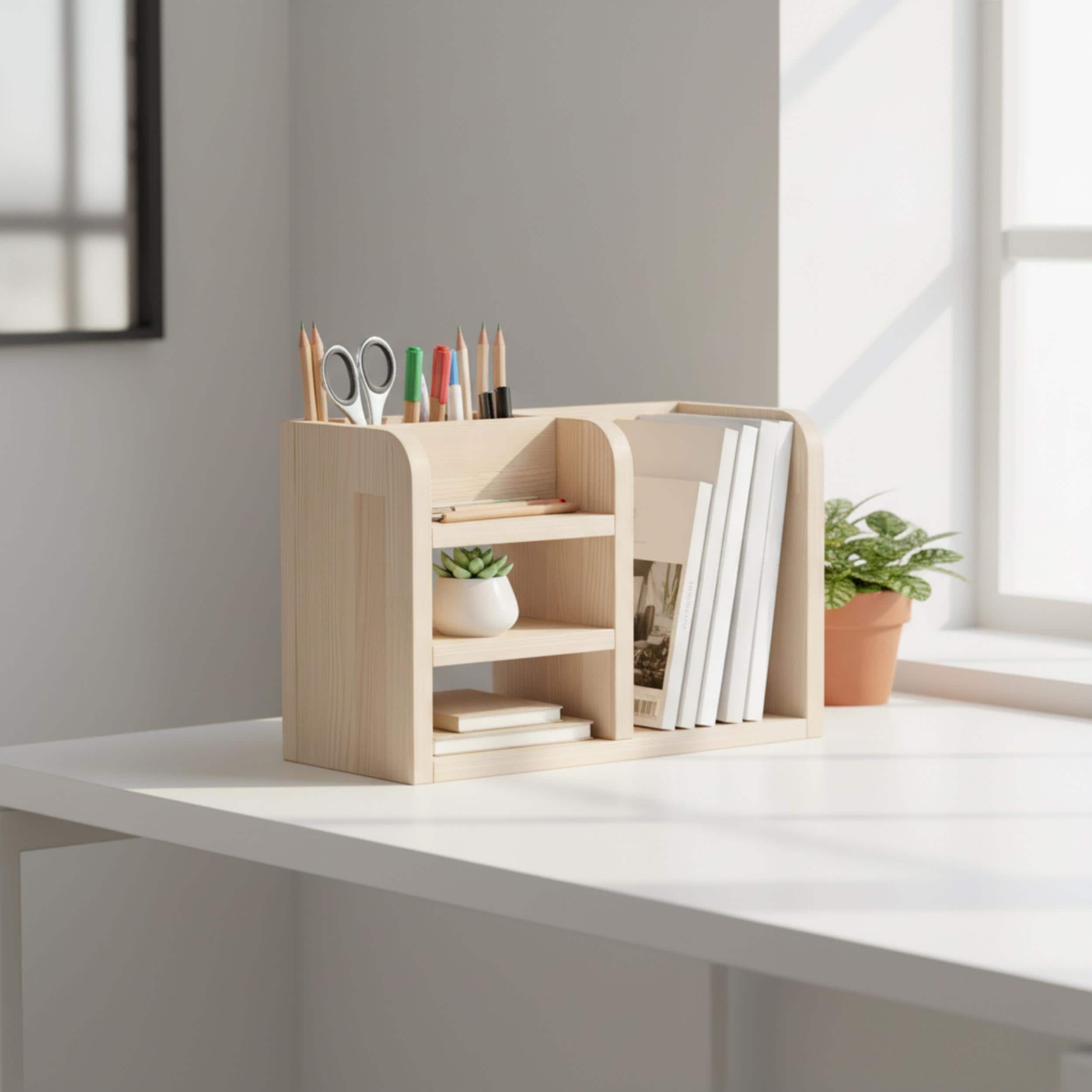 Handmade Pine Desk Shelf | Scandinavian Modern Office Organizer for Books and Stationery