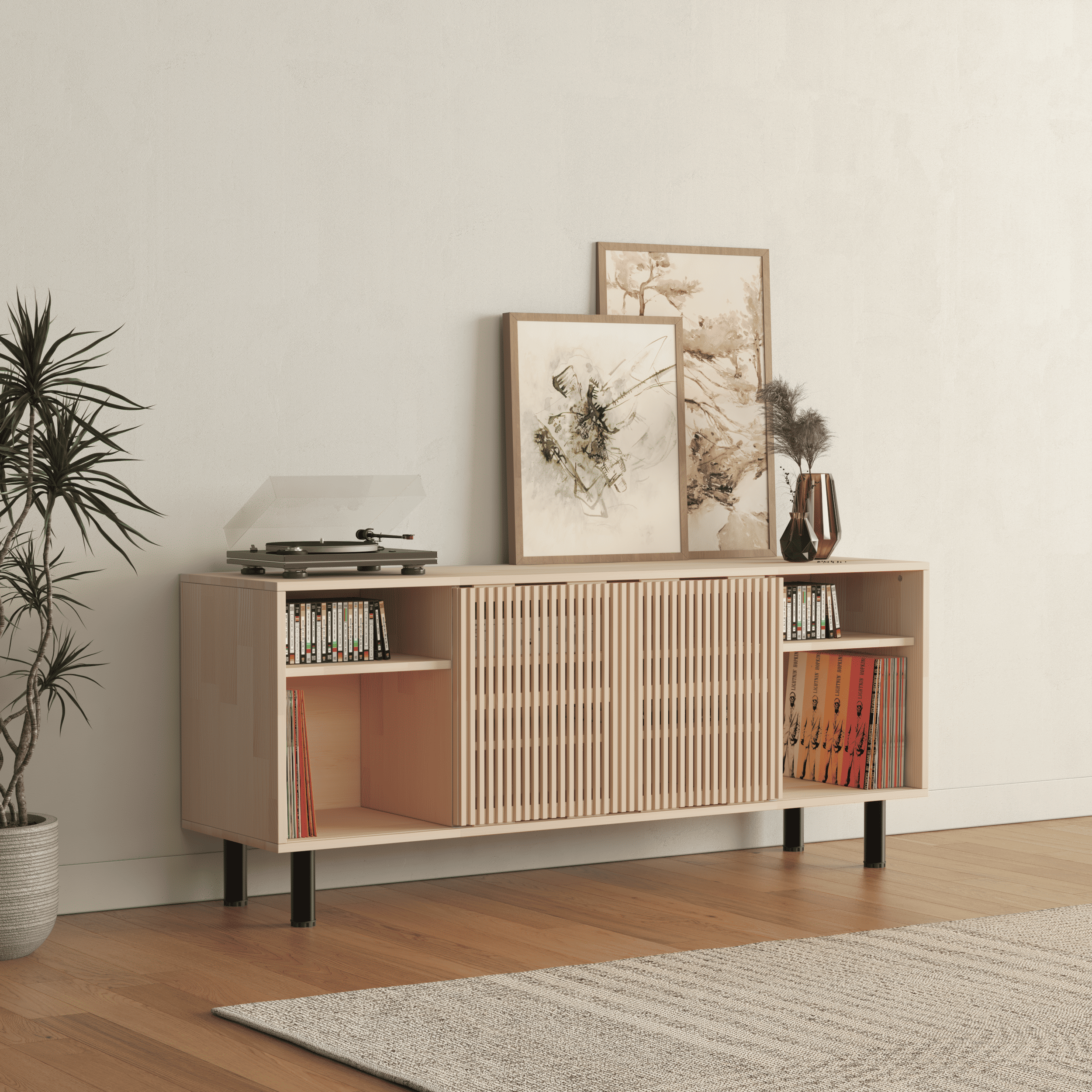 Modern Wooden Sideboard with Fluted Doors - Mid-Century Storage Cabinet