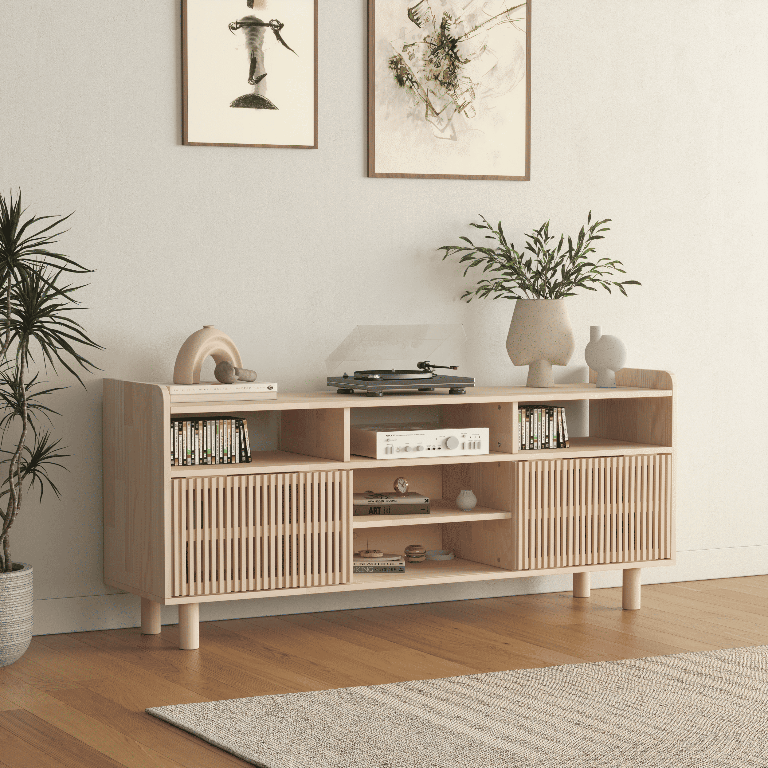 Large Wooden Entertainment Center with Fluted Doors - Premium Media Storage Cabinet