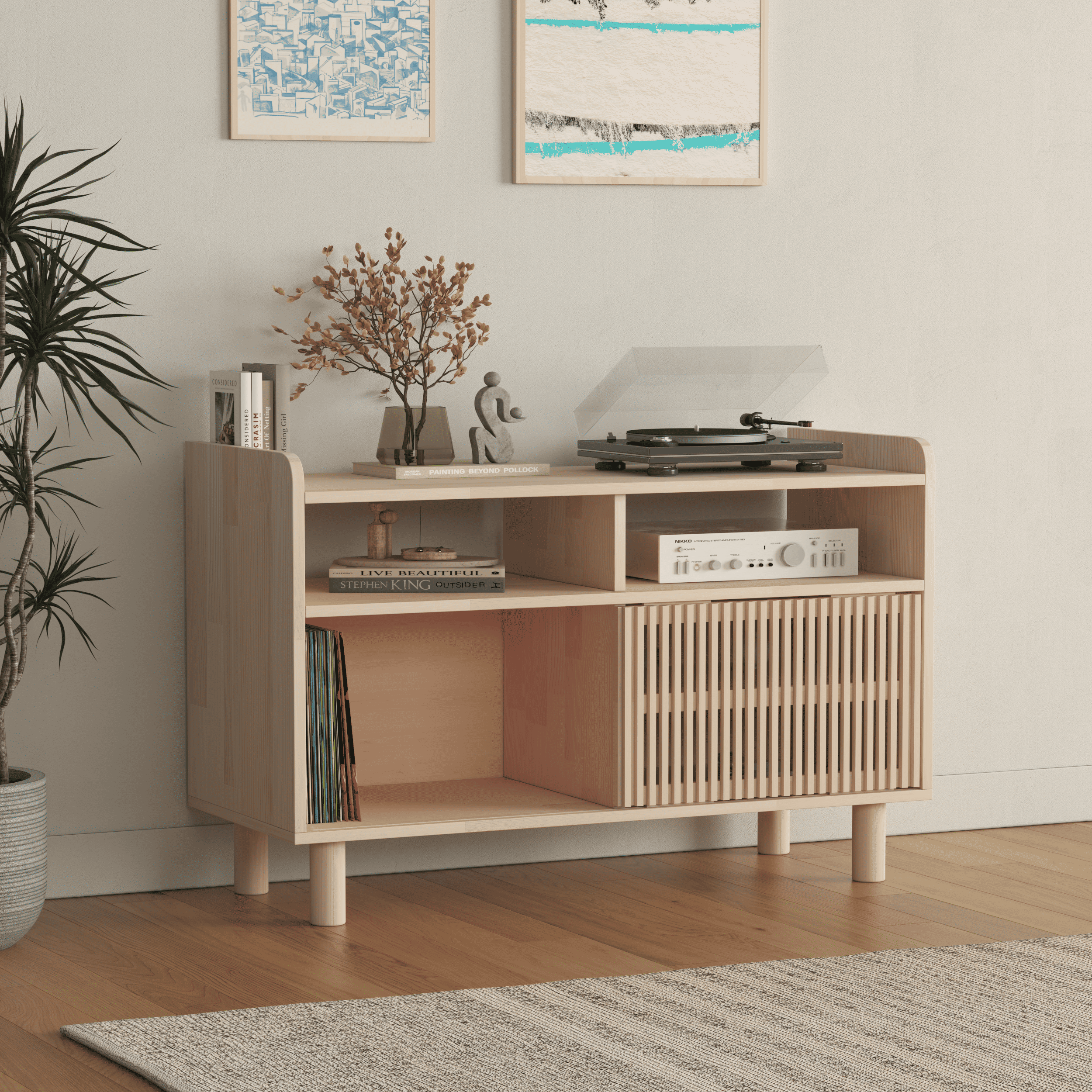 Compact Wooden Media Console with Vinyl Record Storage - Mid-Century Modern TV Stand