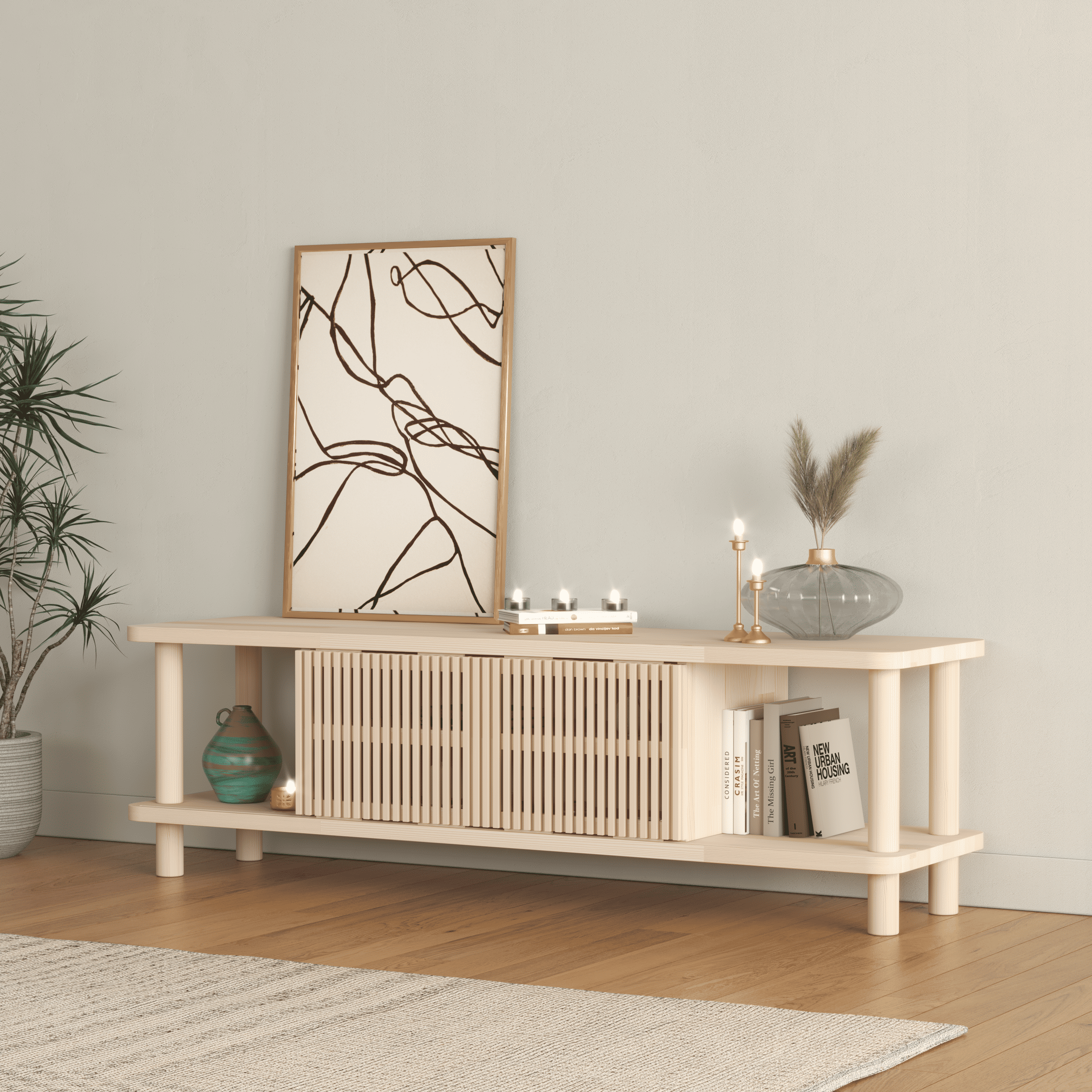 Modern TV Console with Fluted Sliding Door - Multi-Level Entertainment Center