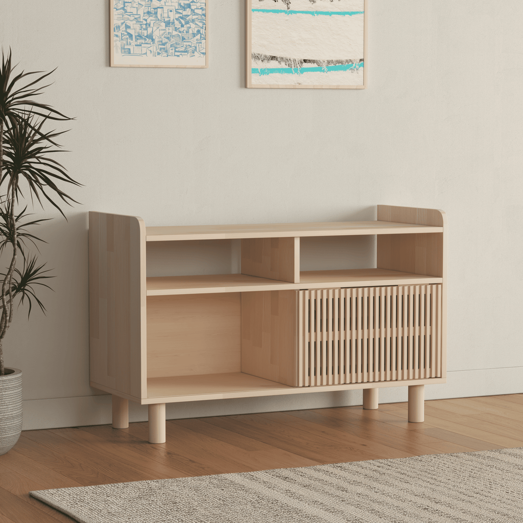 Compact Wooden Media Console with Vinyl Record Storage - Mid-Century Modern TV Stand