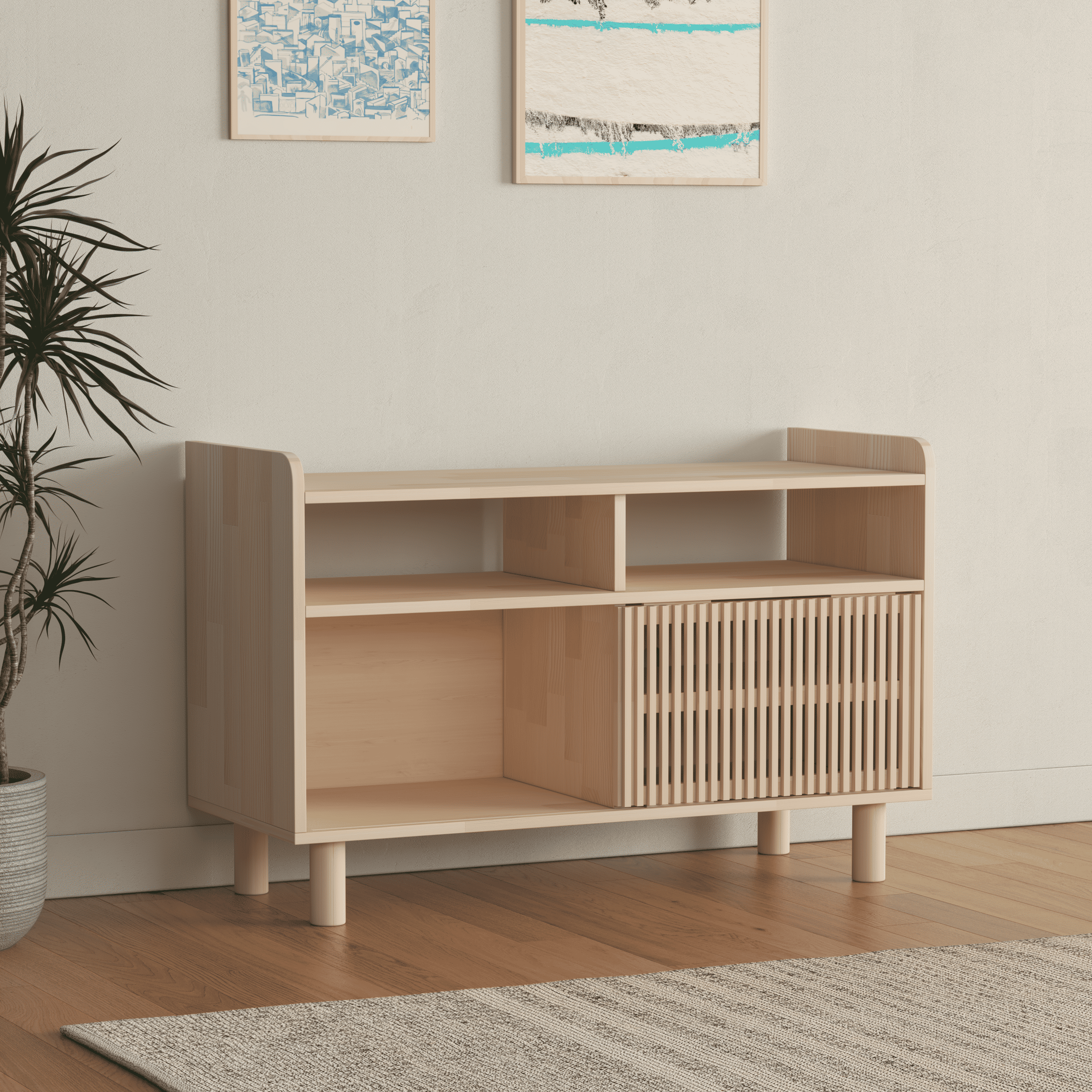Compact Wooden Media Console with Vinyl Record Storage - Mid-Century Modern TV Stand