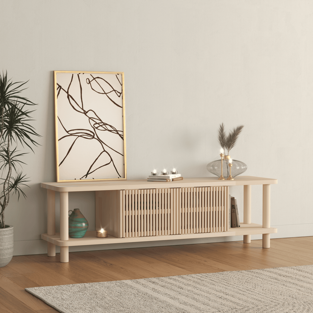 Modern TV Console with Fluted Sliding Door - Multi-Level Entertainment Center