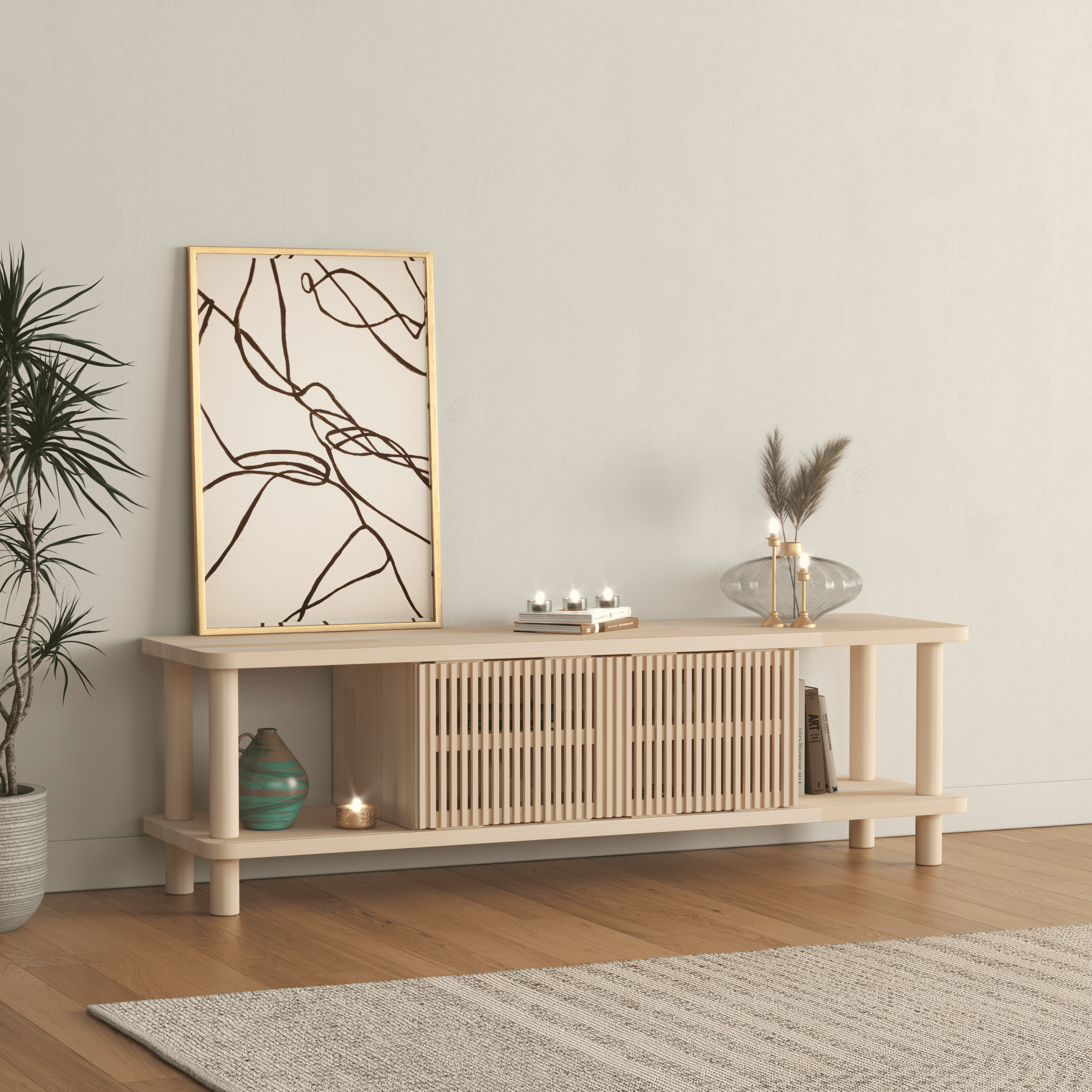 Modern TV Console with Fluted Sliding Door - Multi-Level Entertainment Center