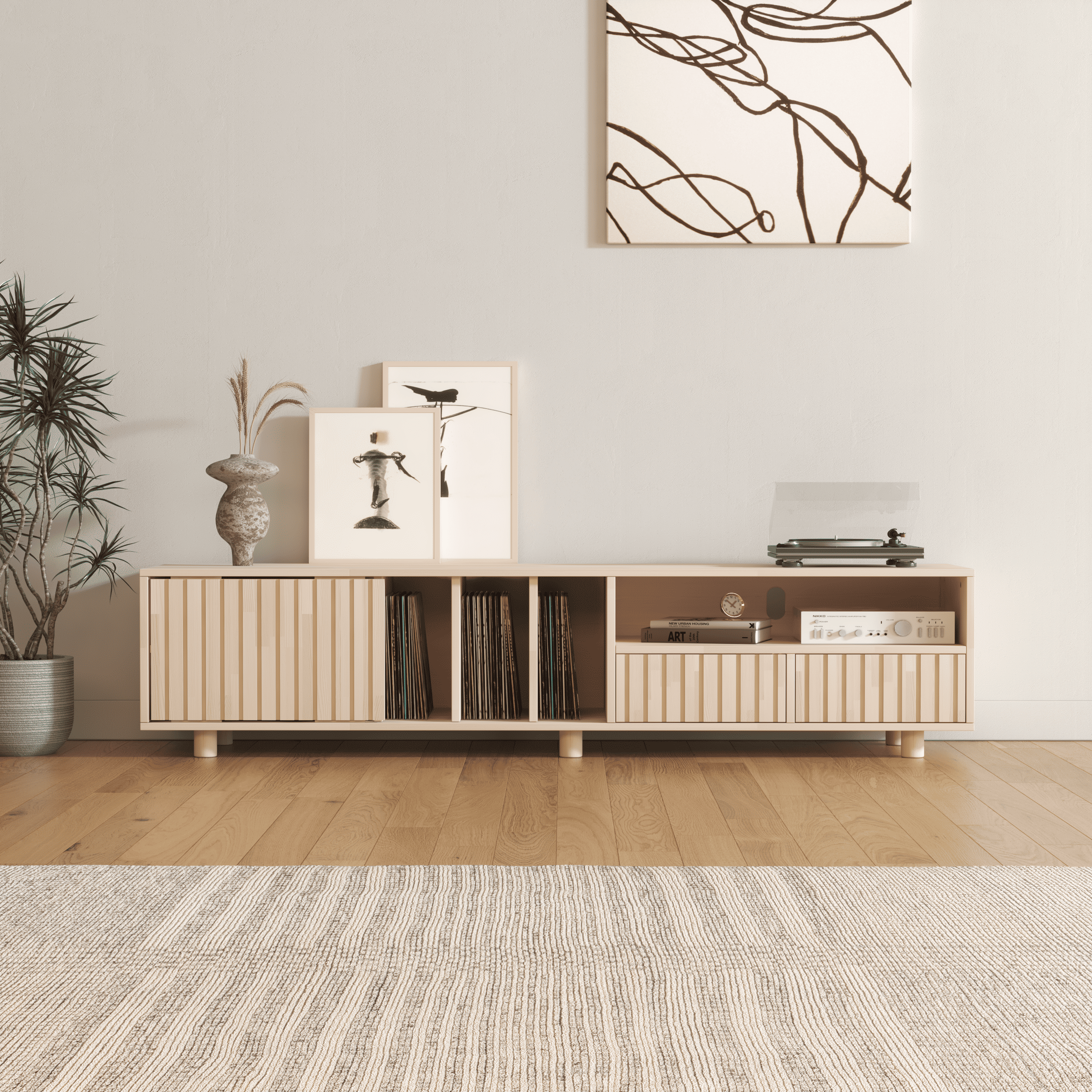 Premium Multifunctional Entertainment Console - TV Stand & Vinyl Storage with Fluted Doors