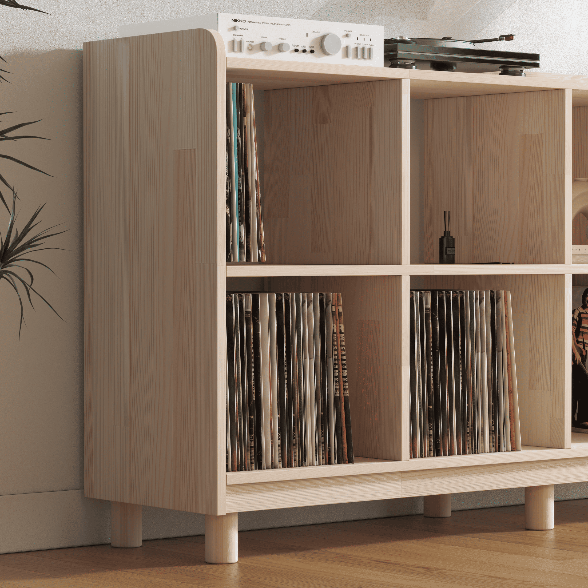 Large Vinyl Record Storage Unit - 8 Compartment Wooden LP Organizer Shelf