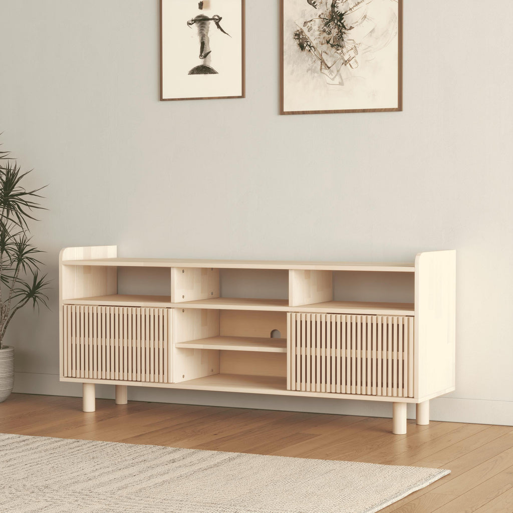 Solid Pine TV Stand & Record Player Console, Handmade, Natural or Varnished Finish, Customizable.