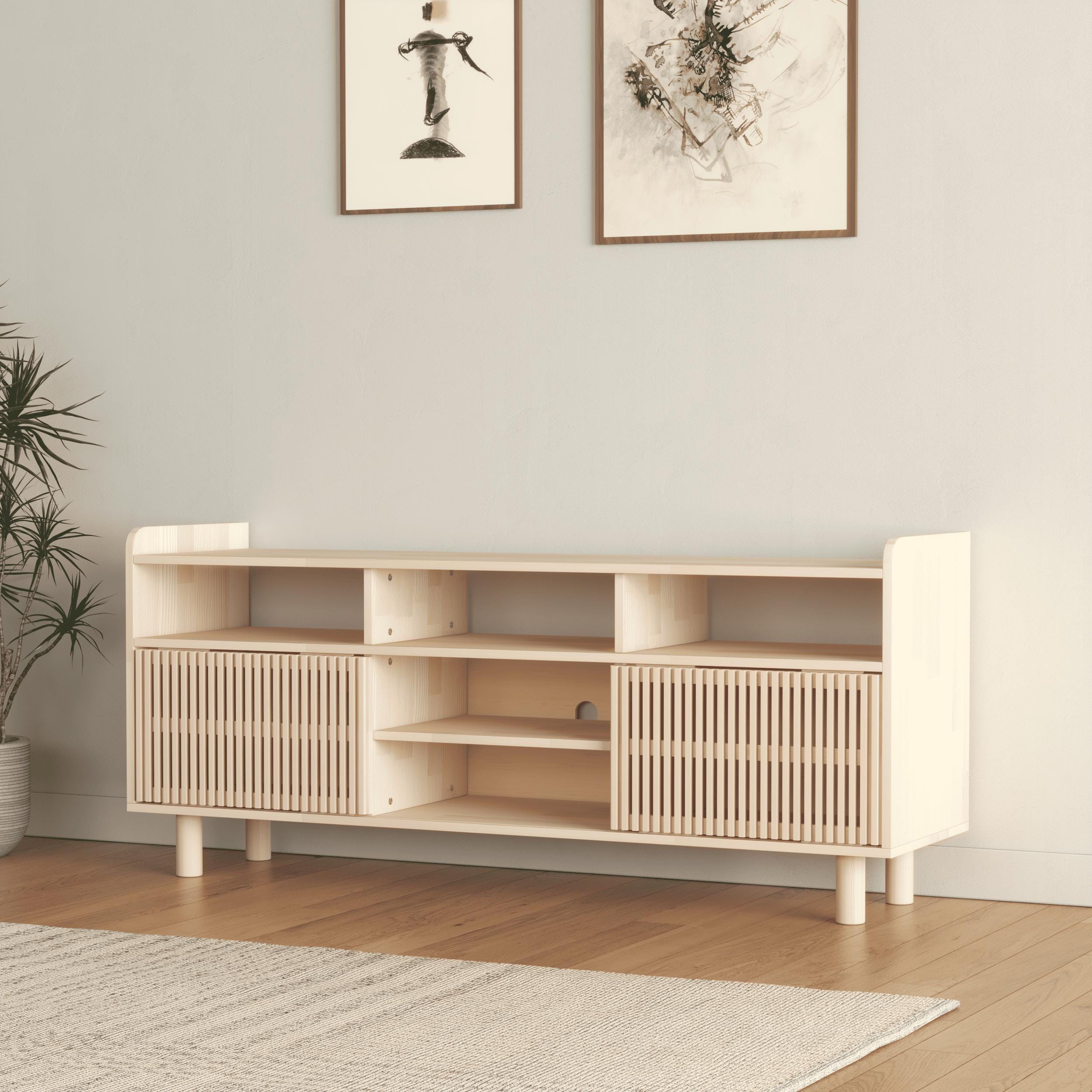 Solid Pine TV Stand & Record Player Console, Handmade, Natural or Varnished Finish, Customizable.