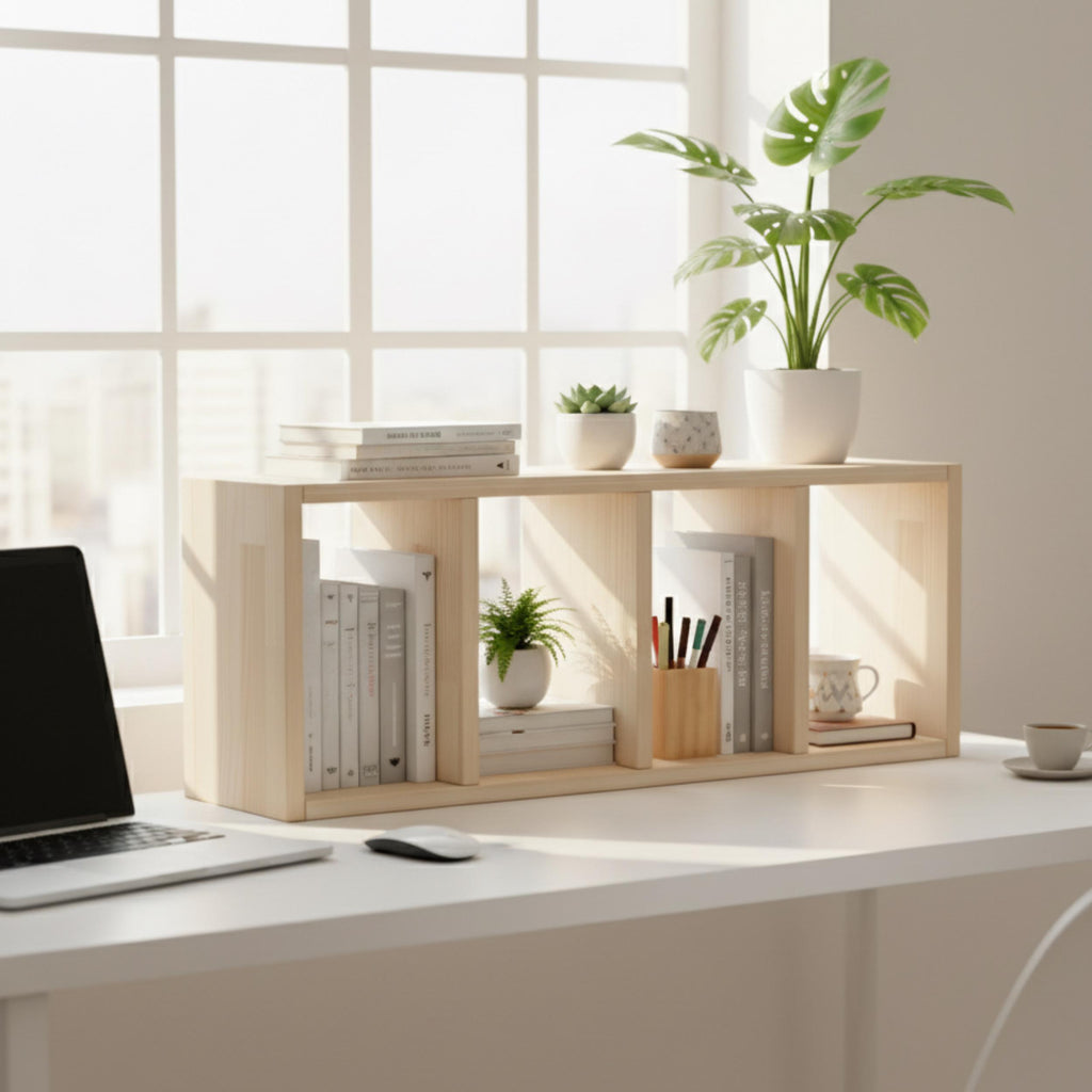 Solid Pine Wood Desk Shelf | Minimalist Bookshelf | Eco-Friendly Workspace Organizer | Japandi Desk Storage