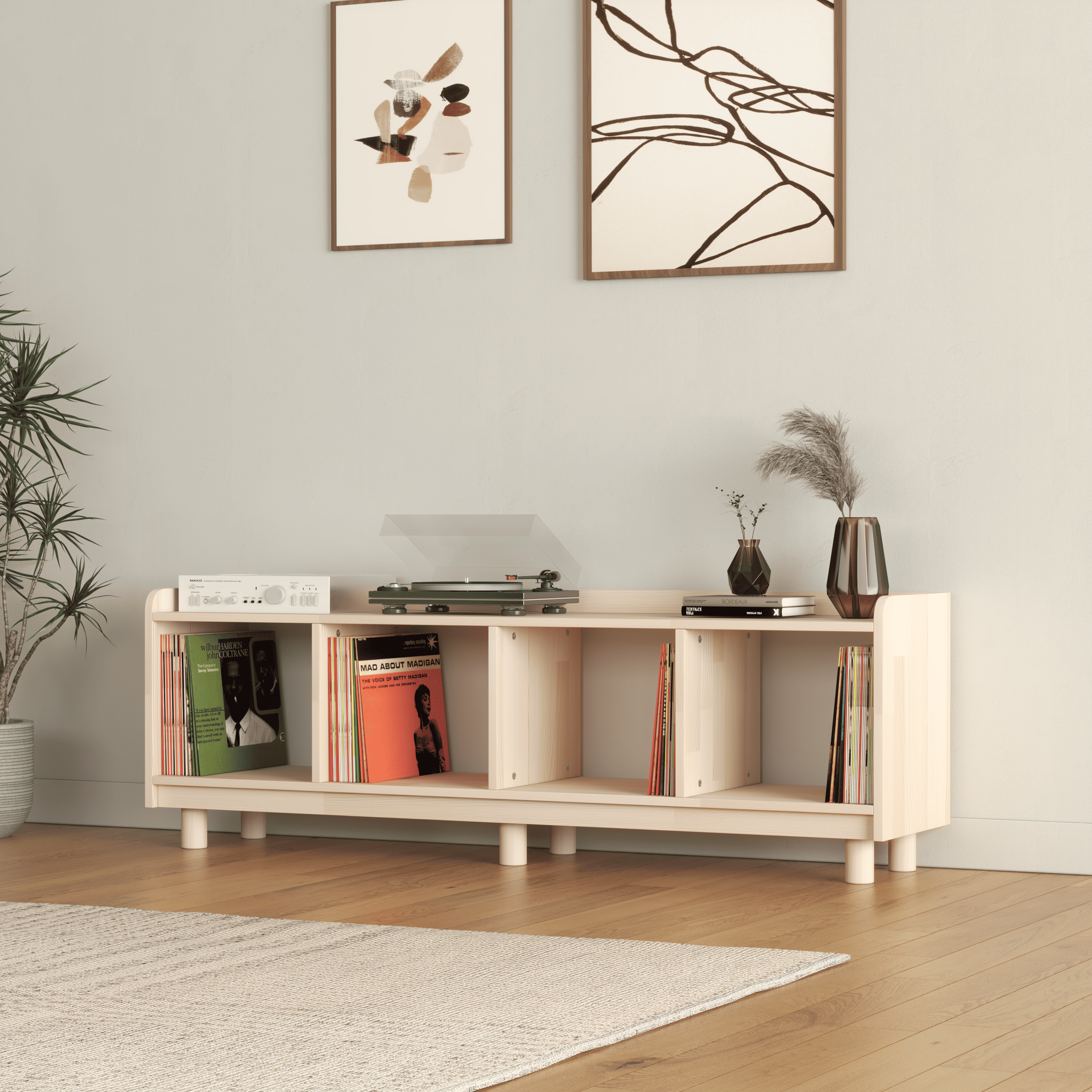 Horizontal Vinyl Record Storage Bench - 4 Compartment LP Console with Turntable Platform
