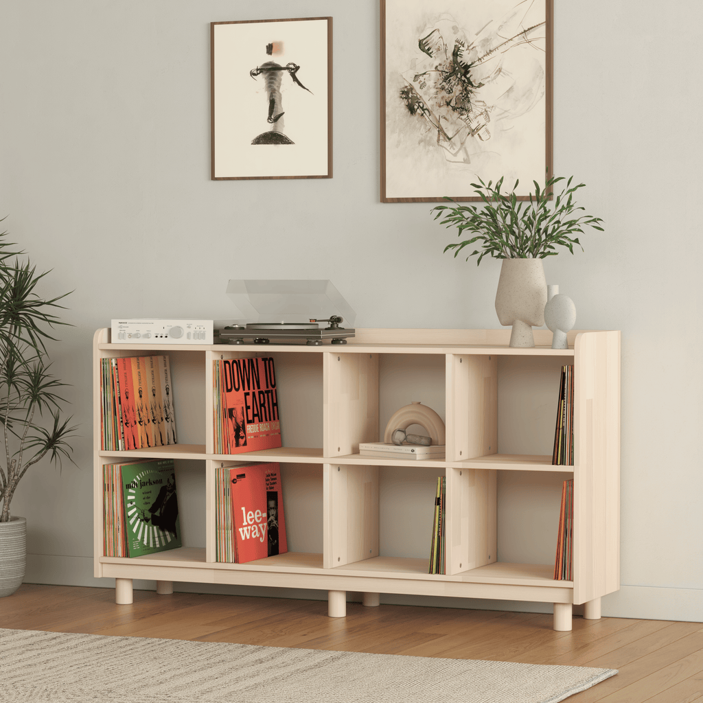 Large Vinyl Record Storage Unit - 8 Compartment Wooden LP Organizer Shelf