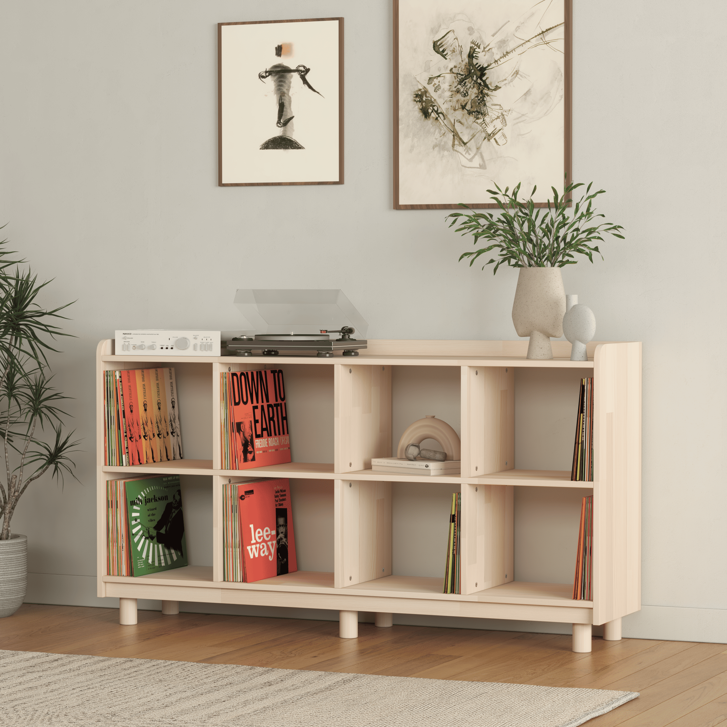 Large Vinyl Record Storage Unit - 8 Compartment Wooden LP Organizer Shelf
