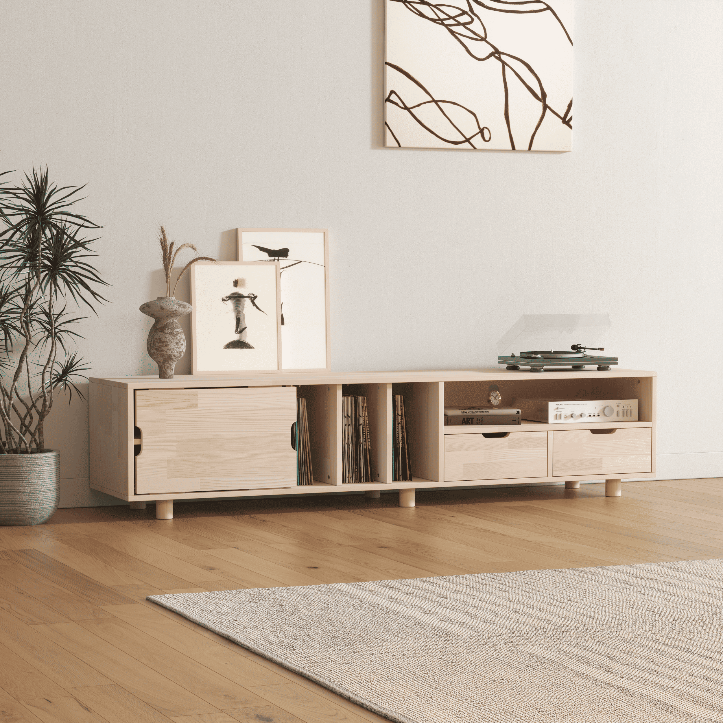 Premium Multifunctional Entertainment Console - TV Stand & Vinyl Storage with Fluted Doors