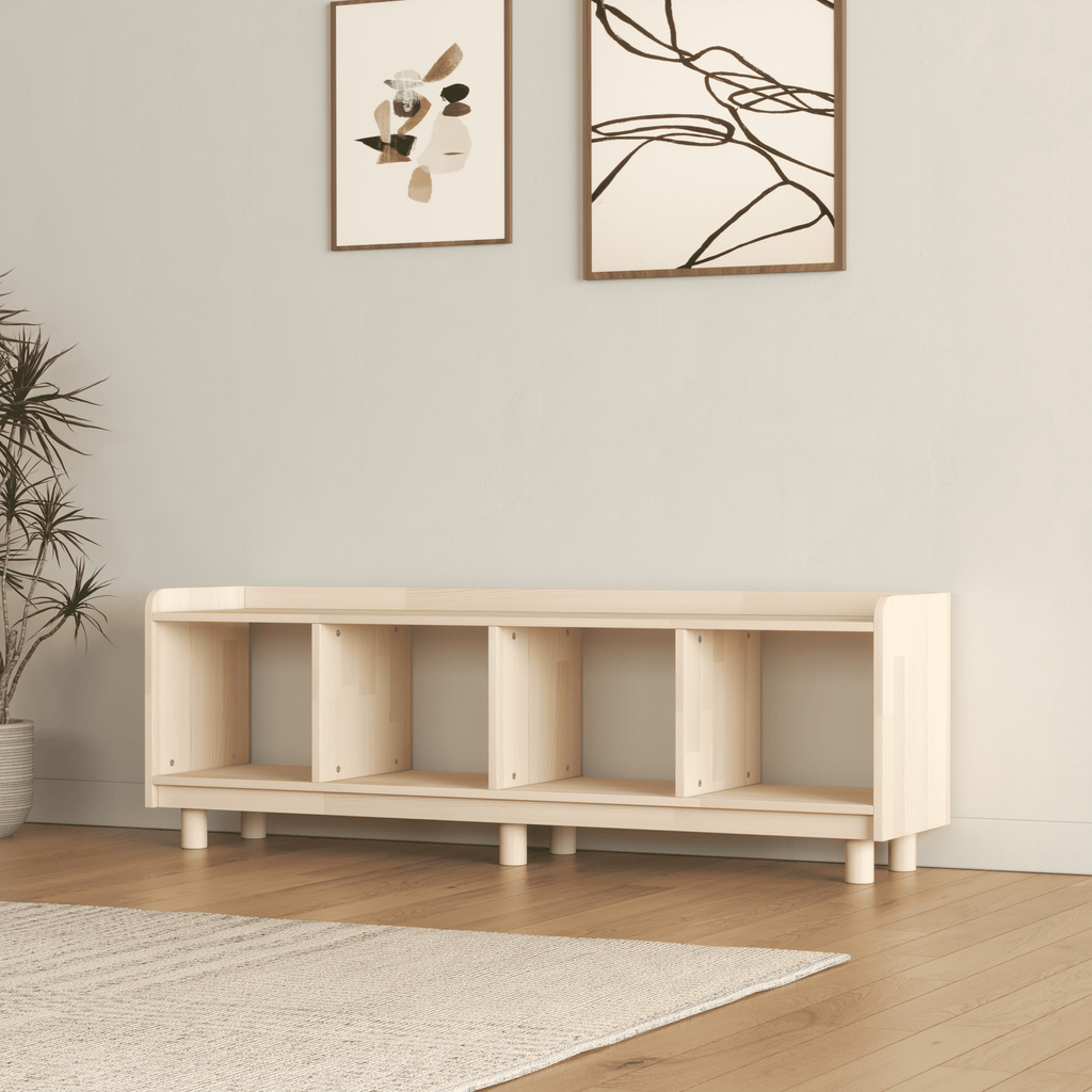 Horizontal Vinyl Record Storage Bench - 4 Compartment LP Console with Turntable Platform