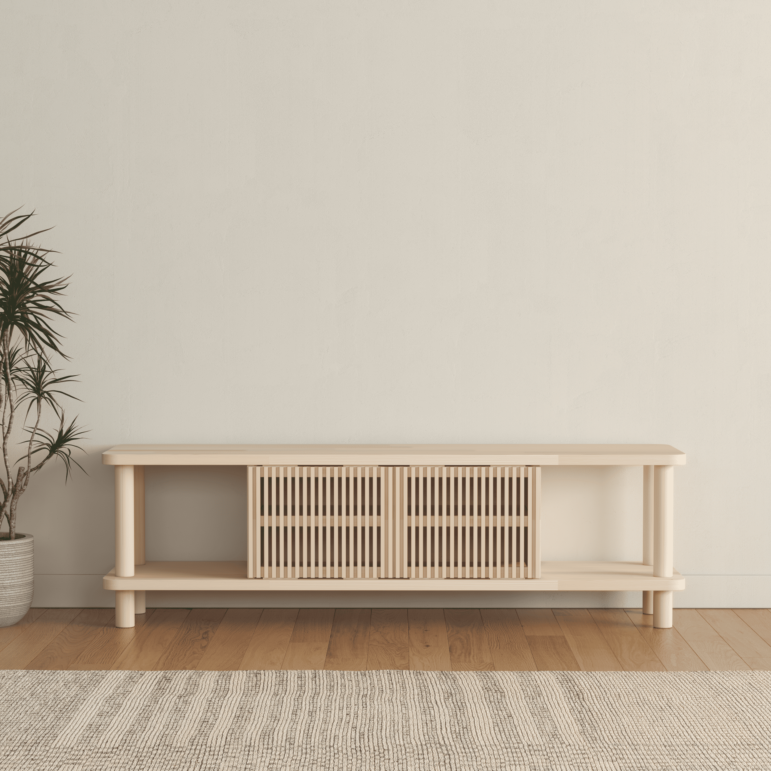 Modern TV Console with Fluted Sliding Door - Multi-Level Entertainment Center