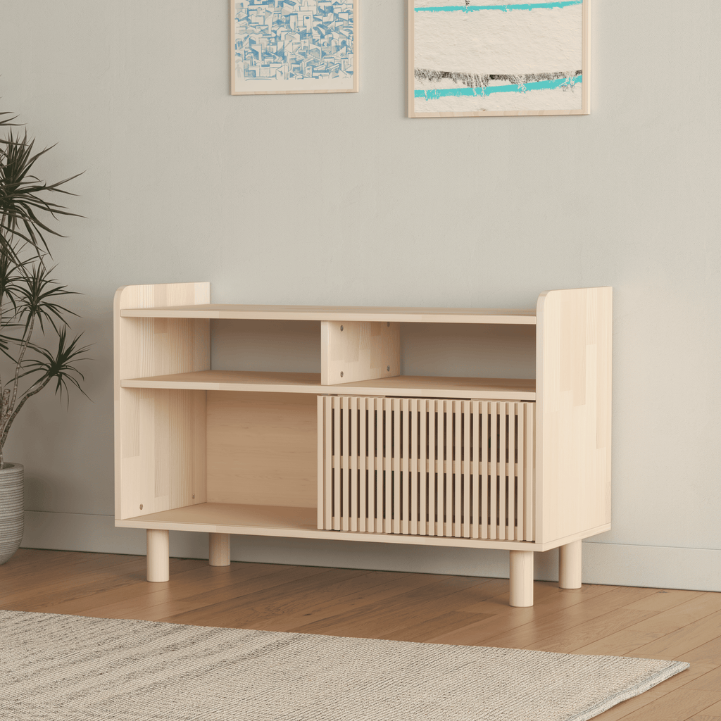 Compact Wooden Media Console with Vinyl Record Storage - Mid-Century Modern TV Stand