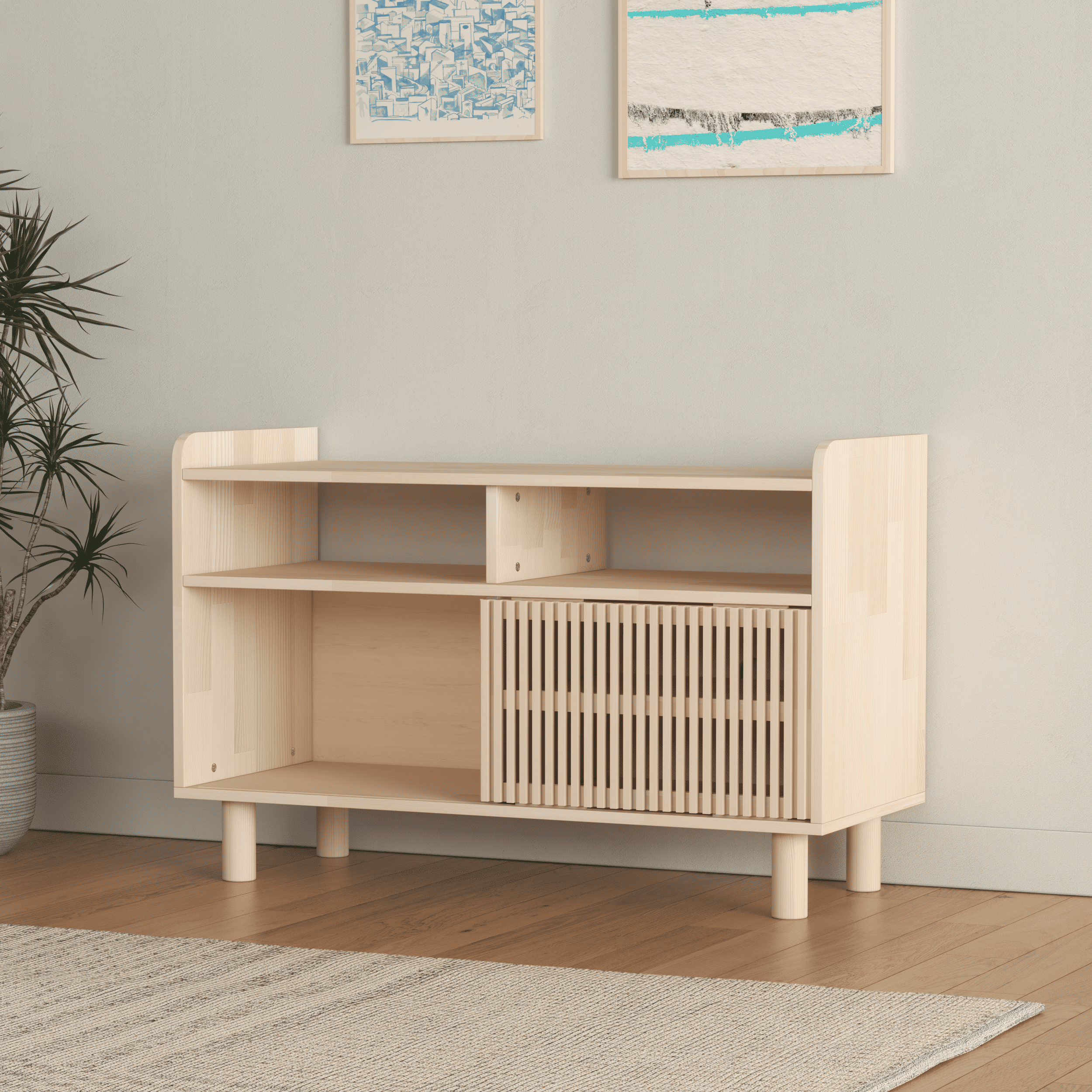Compact Wooden Media Console with Vinyl Record Storage - Mid-Century Modern TV Stand
