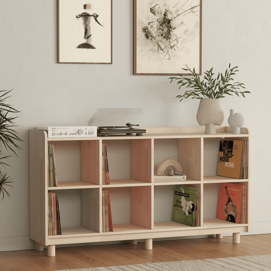Large Vinyl Record Storage Unit - 8 Compartment Wooden LP Organizer Shelf