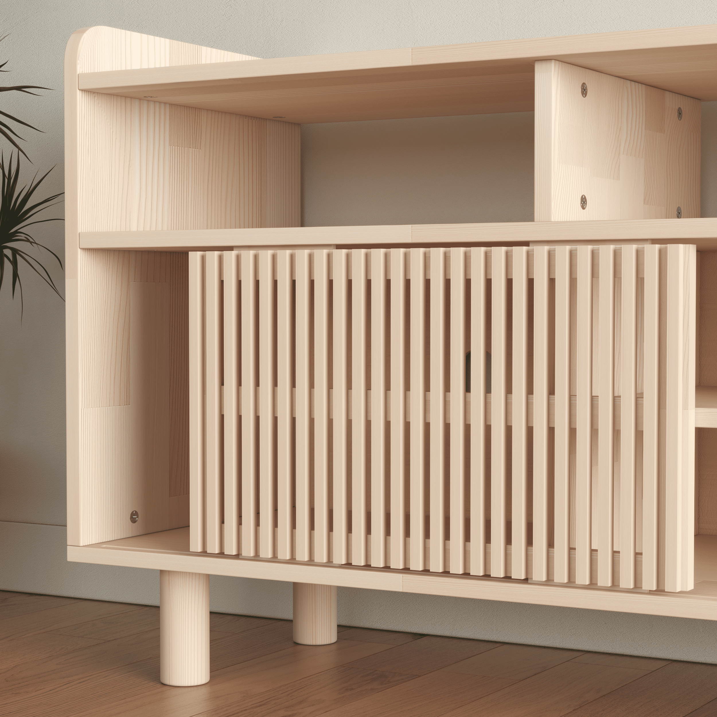 Large Wooden Entertainment Center with Fluted Doors - Premium Media Storage Cabinet