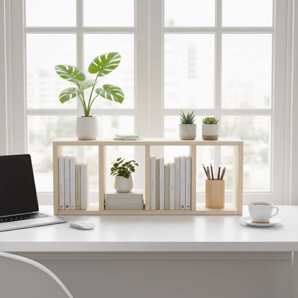 Solid Pine Wood Desk Shelf | Minimalist Bookshelf | Eco-Friendly Workspace Organizer | Japandi Desk Storage