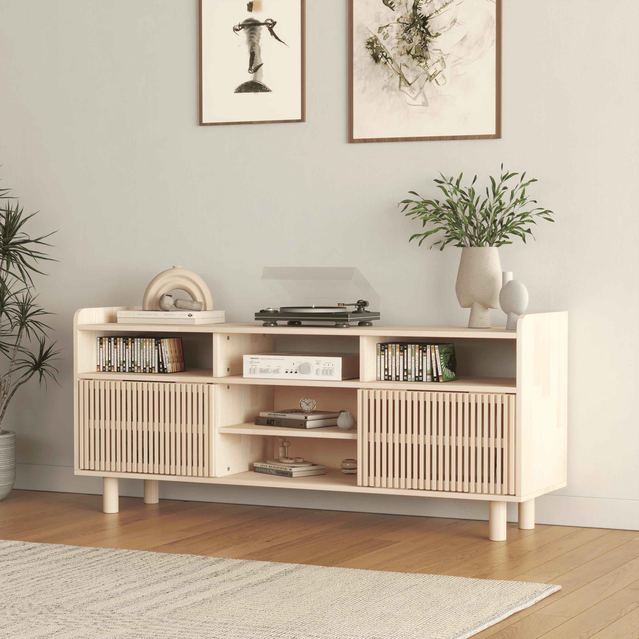 Solid Pine TV Stand & Record Player Console, Handmade, Natural or Varnished Finish, Customizable.