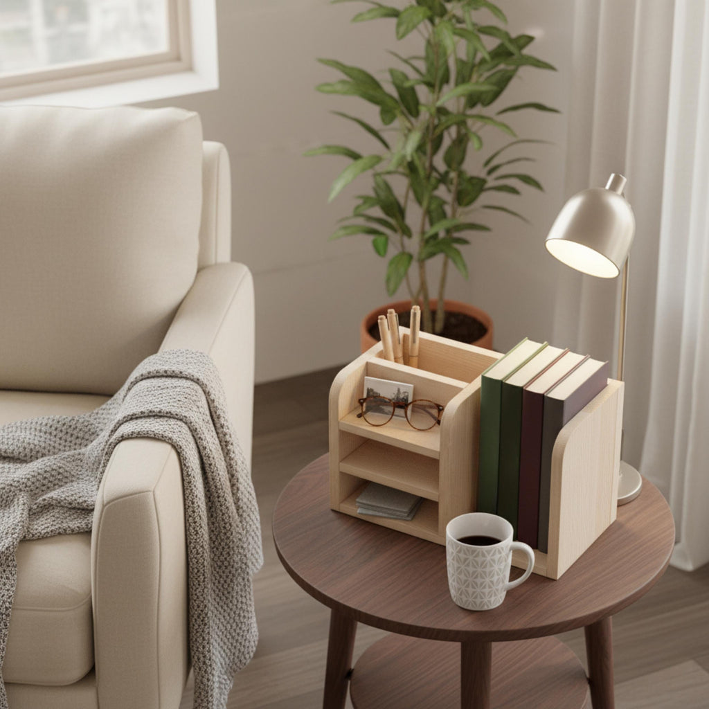 Handmade Pine Desk Shelf | Scandinavian Modern Office Organizer for Books and Stationery