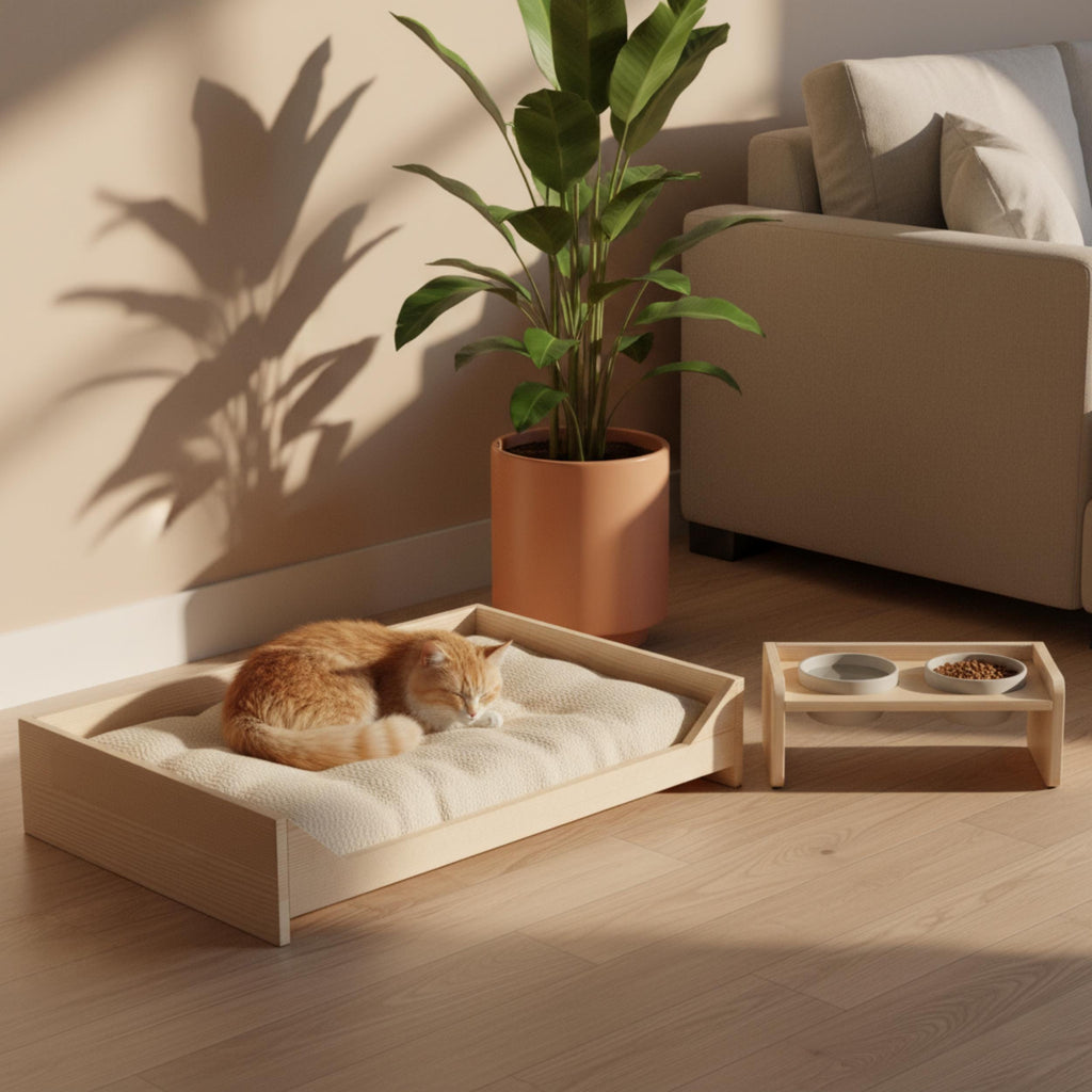 Handmade Pine Dog Bed & Feeder Set for Small Pets