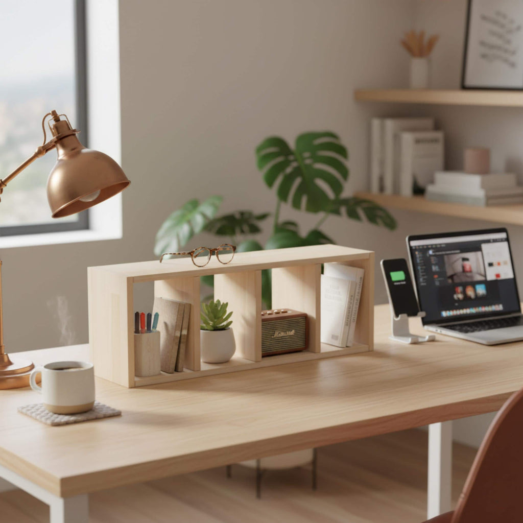 Solid Pine Wood Desk Shelf | Minimalist Bookshelf | Eco-Friendly Workspace Organizer | Japandi Desk Storage