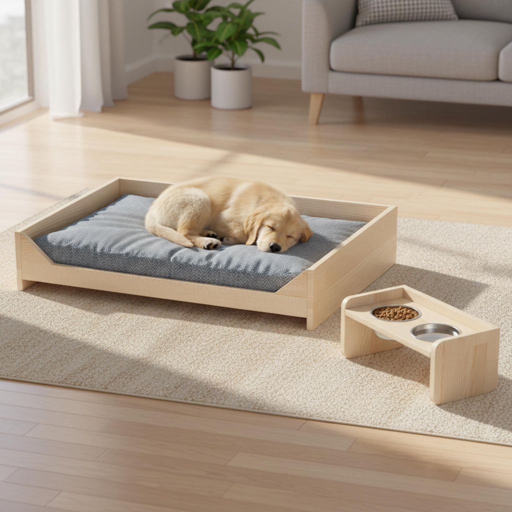 Handmade Pine Dog Bed & Feeder Set for Small Pets