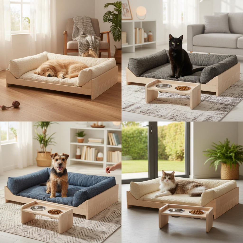 Handmade Pine Dog Bed & Feeder Set for Small Pets