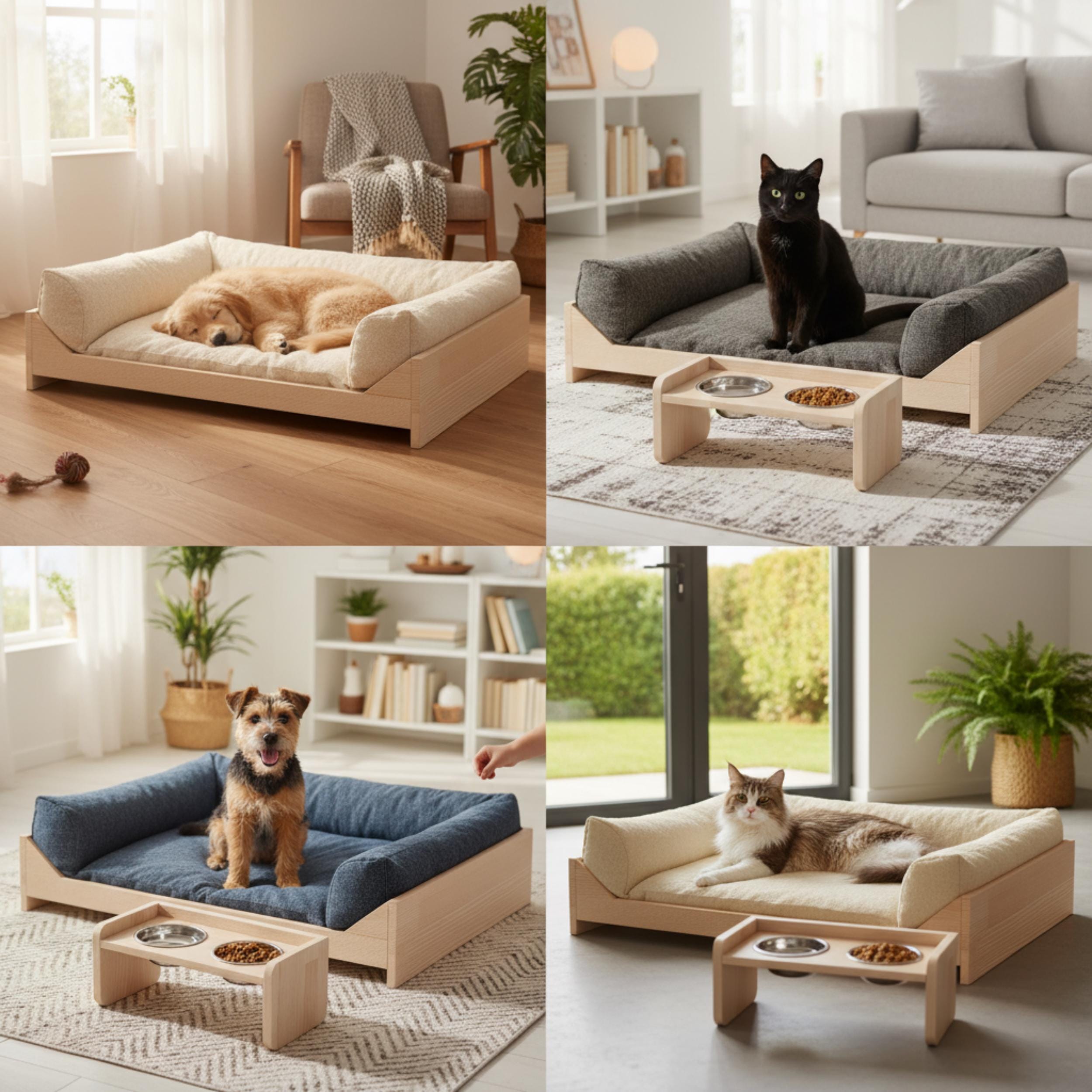 Handmade Pine Dog Bed & Feeder Set for Small Pets